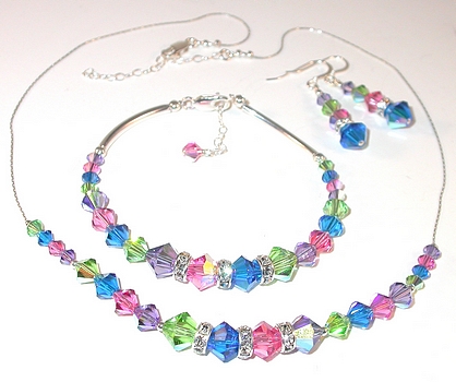 Peridot Green, Rose Pink, Capri Blue Tanzanite Purple bubble-gum colors swarovski crystal wedding jewelry set sterling silver necklace bracelet earrings