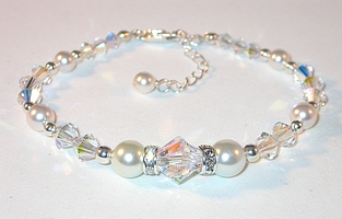 pearl and crystal bracelet white pearls Clear AB crystals swarovski crystals sterling silver bracelet
